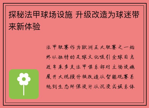 探秘法甲球场设施 升级改造为球迷带来新体验